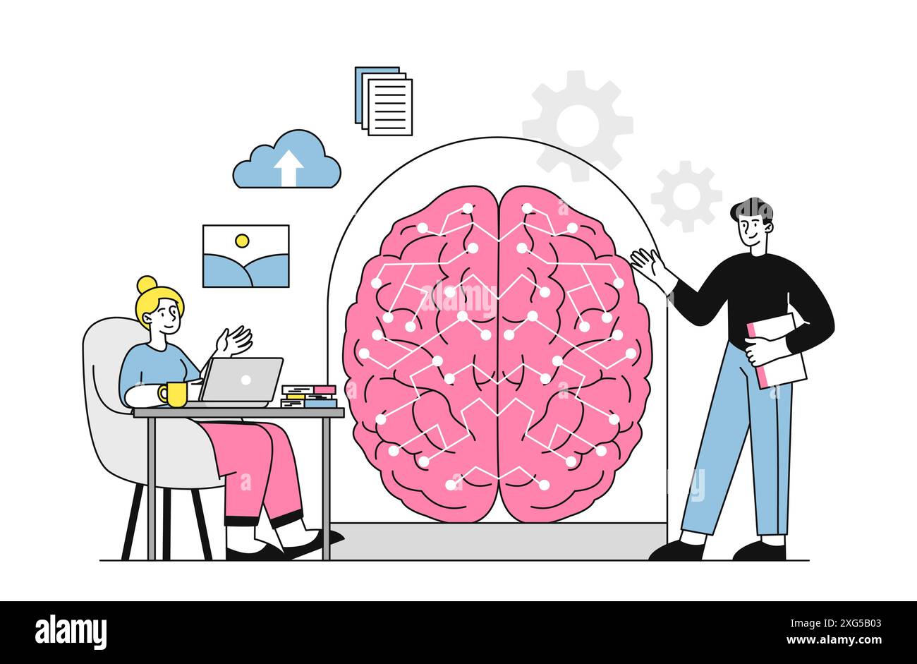 Concetto di modello di INTELLIGENZA ARTIFICIALE. Uomo e donna studiano la struttura del cervello. Tecnologie moderne e mondo digitale. Intelligenza artificiale e apprendimento automatico. Lineare Illustrazione Vettoriale