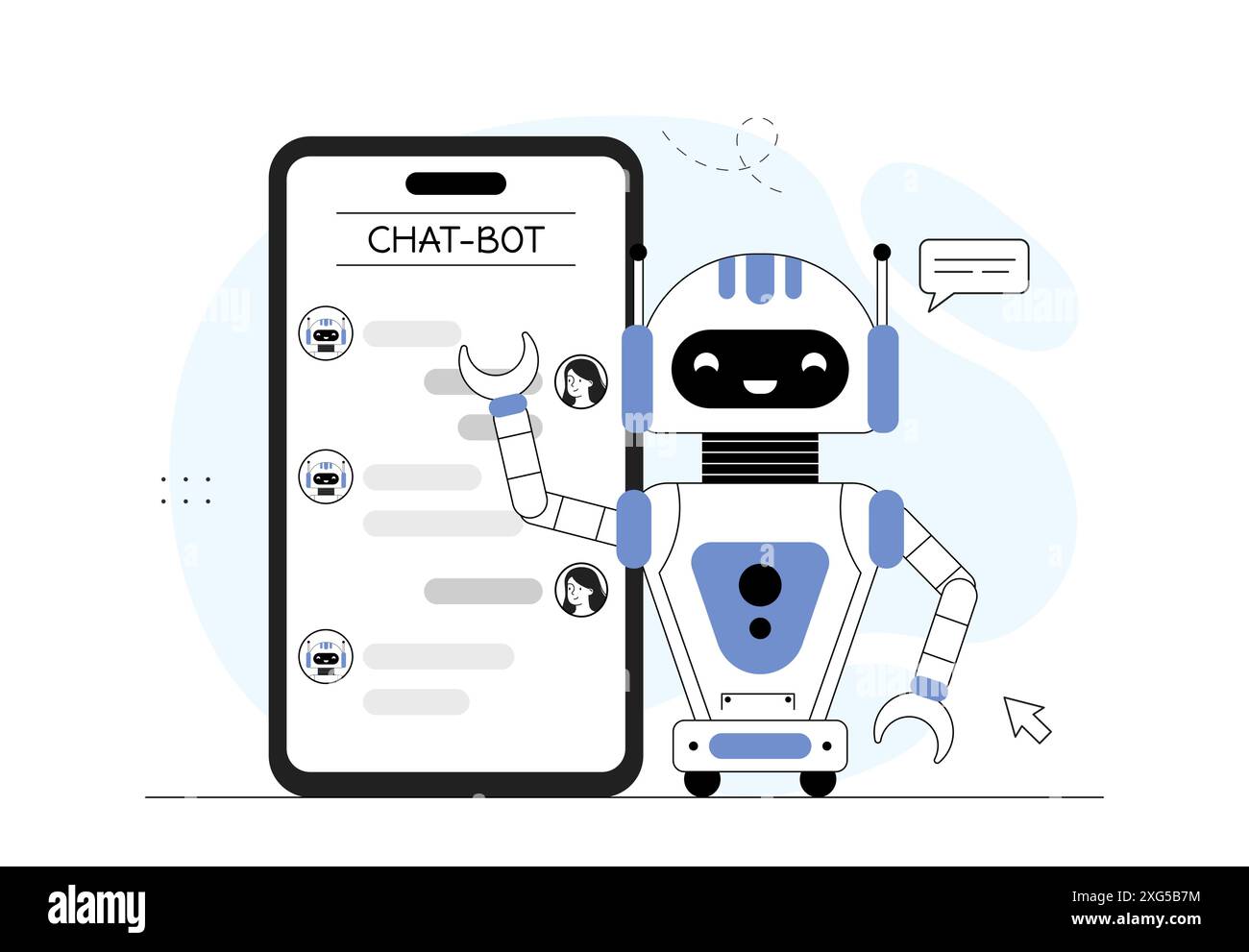 Concetto di bot. Intelligenza artificiale e apprendimento automatico. Tecnologie e innovazioni moderne. Assistente virtuale e assistente. Vettore lineare Illustrazione Vettoriale