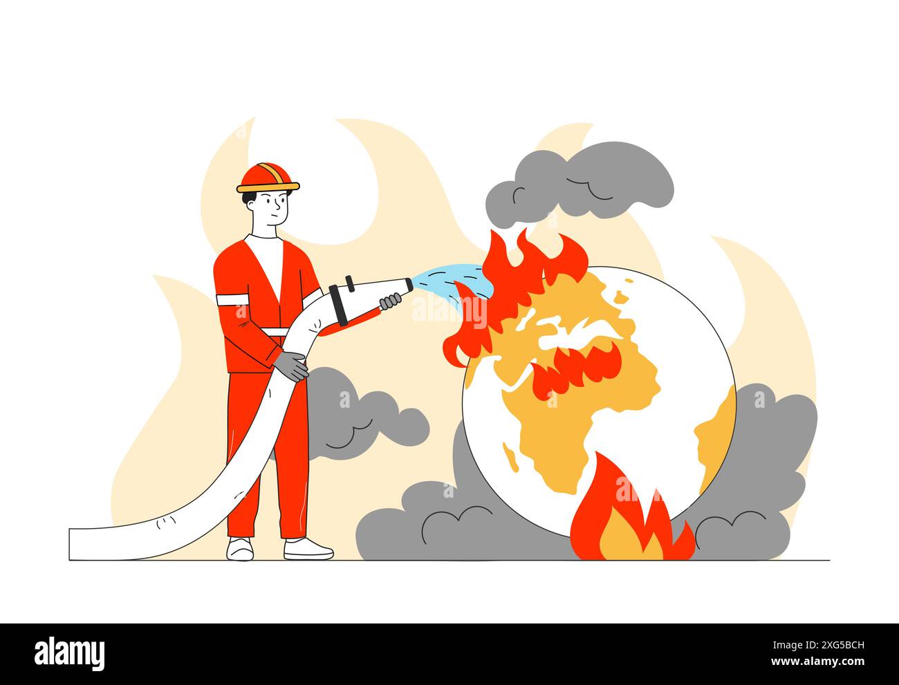 Pompiere con fuoco globale. WAN in uniforme protettiva rossa con il tubo nelle mani estingue le fiamme con l'acqua. Soccorritore salvare la foresta. Vettore lineare Illustrazione Vettoriale