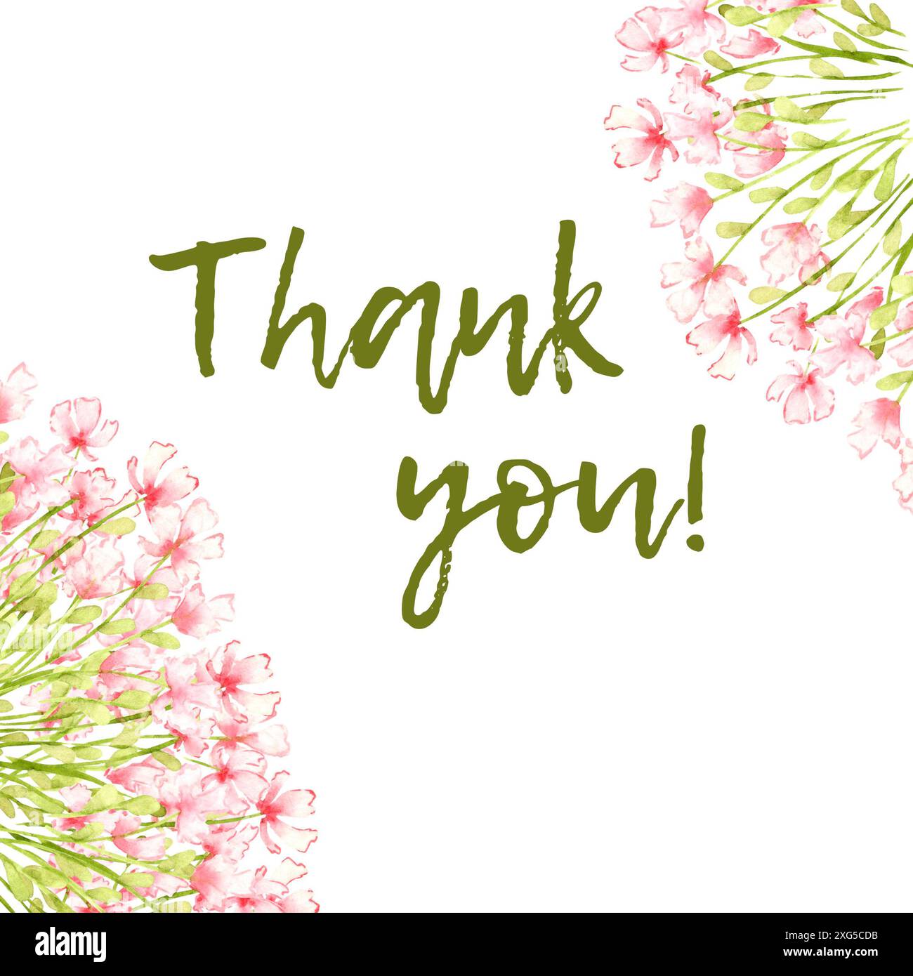 Piccoli fiori selvatici rosa, cornice angolare con testo, grazie, illustrazione acquerello. Prato estivo con stampa floreale e fiori selvatici. Isolato dal Foto Stock