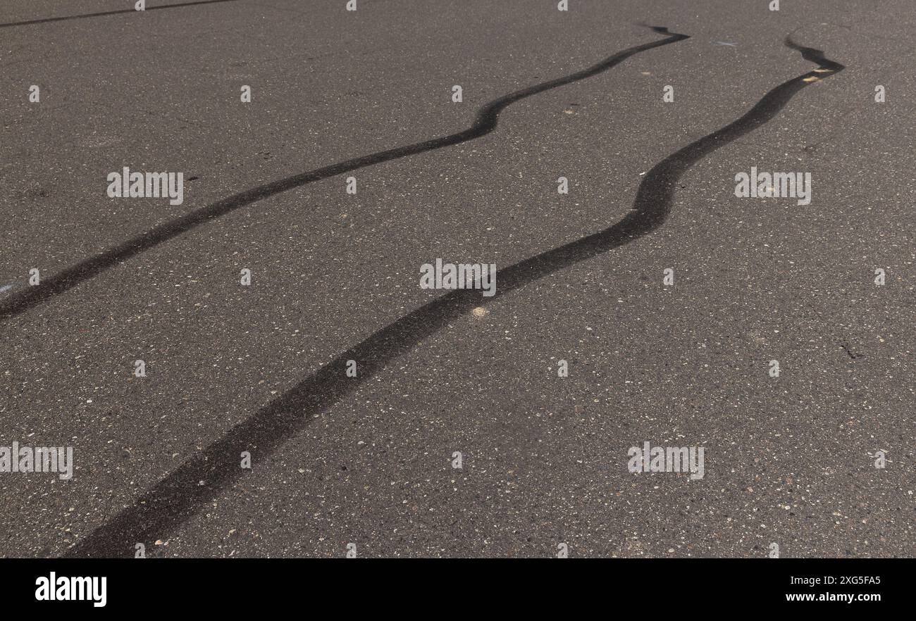 tracce degli pneumatici durante la guida pericolosa su strada , striature delle ruote dovute a frenate improvvise e alla deriva su una strada asfaltata Foto Stock