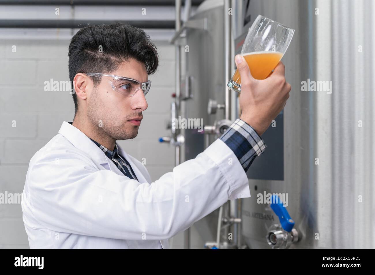 Birraio che prova la birra presso la fabbrica di birra. Fotografia di alta qualità Foto Stock