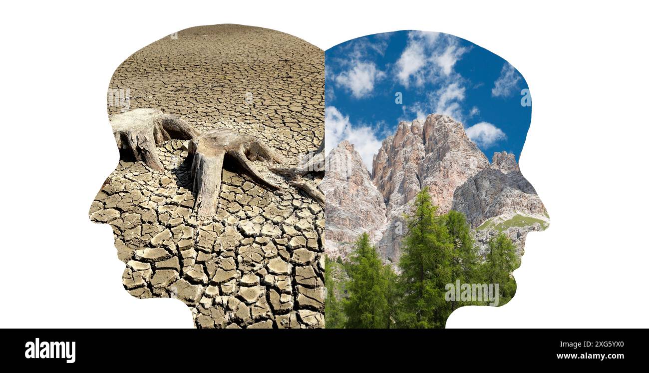 La silhouette di due facce guarda nella direzione opposta, una con la natura verde, le montagne, l'altra con un letto di fiume asciutto, il cambiamento climatico, il futuro Foto Stock
