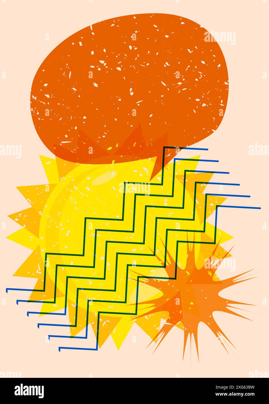 Risograph Summer Sun con bolla vocale dalle forme geometriche. Oggetti in stile texture con stampa a grafico riso di tendenza con elementi geometrici. Illustrazione Vettoriale