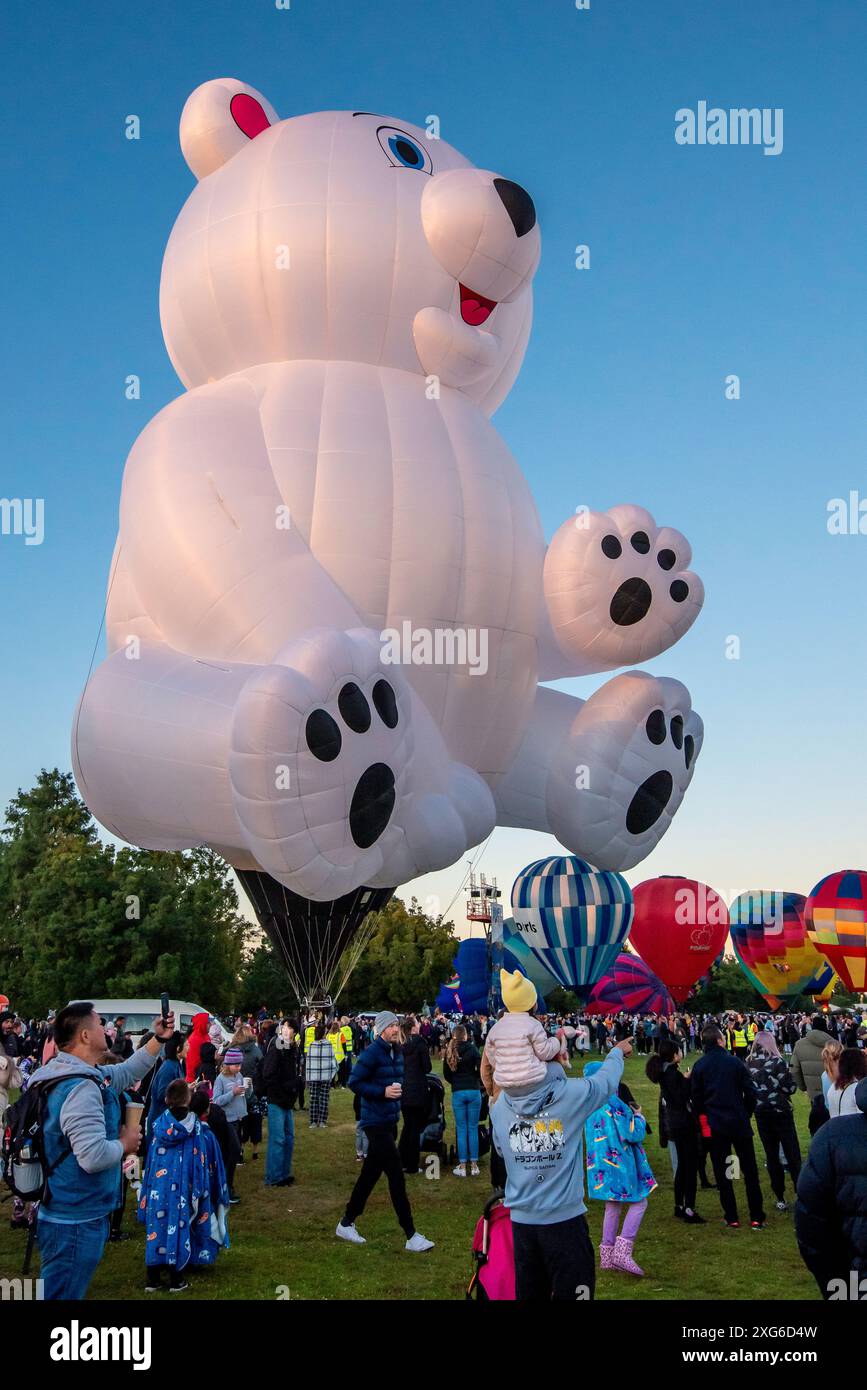 La mongolfiera Baby Polar Bear Balloon è pronta per il decollo al festival Balloons Over Waikato del 2024 ad Hamilton, sull'Isola del Nord della nuova Zelanda Foto Stock
