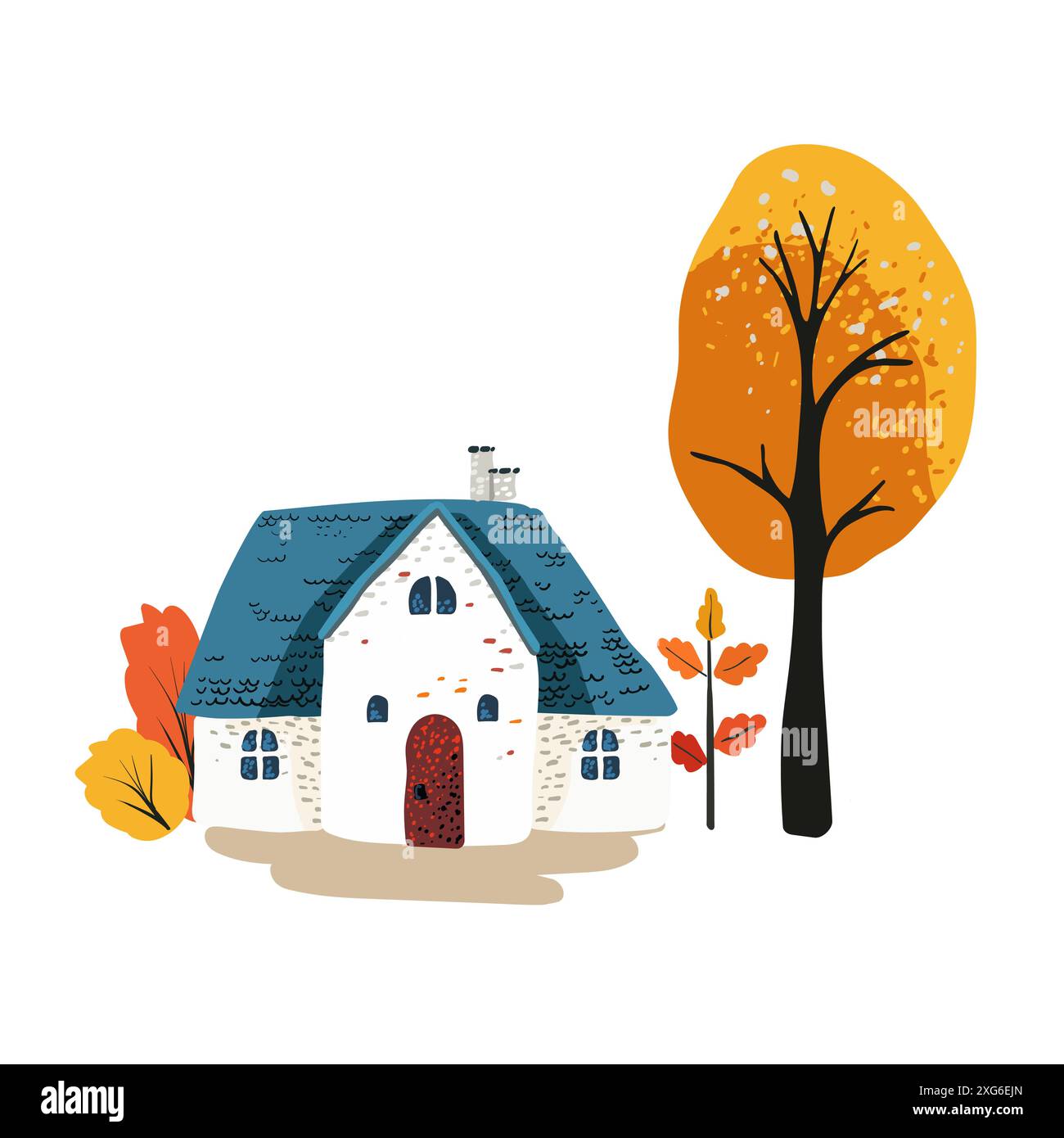 Una semplice casa da favola con un tetto blu in stile scandinavo. Albero giallo. Sfondo bianco per cartoline e poster. Carta da imballaggio e tessuti Illustrazione Vettoriale