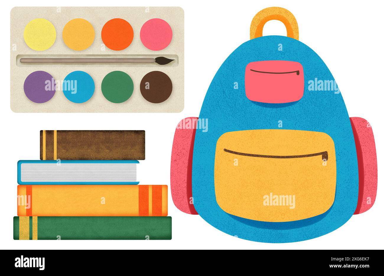 Elementi di ritorno a scuola, borsa scolastica, pitture, libri, forniture per bambini, scuola carina per bambini, collezione scolastica per bambini, illustrazioni disegnate a mano Foto Stock