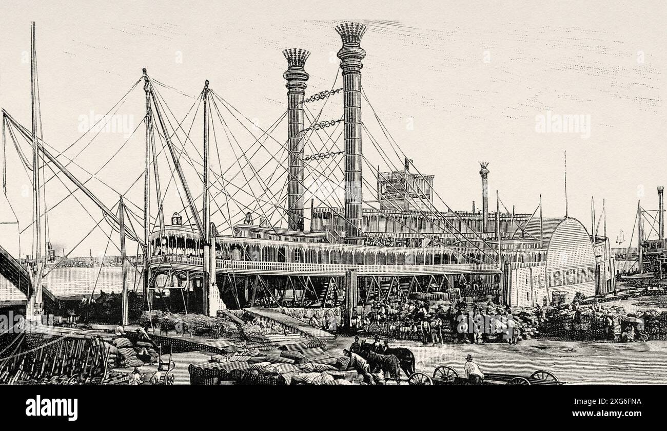 Battello a vapore nel porto di New Orleans per il trasporto di balle di cotone. STATI UNITI. Vecchia illustrazione incisa del XIX secolo da la Nature 1886 Foto Stock