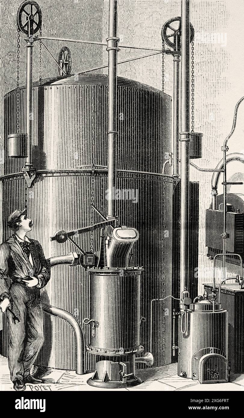 Fabbricazione di gas d'acqua, una specie di gas combustibile, una miscela di monossido di carbonio e idrogeno. Vecchia illustrazione incisa del XIX secolo da la Nature 1886 Foto Stock