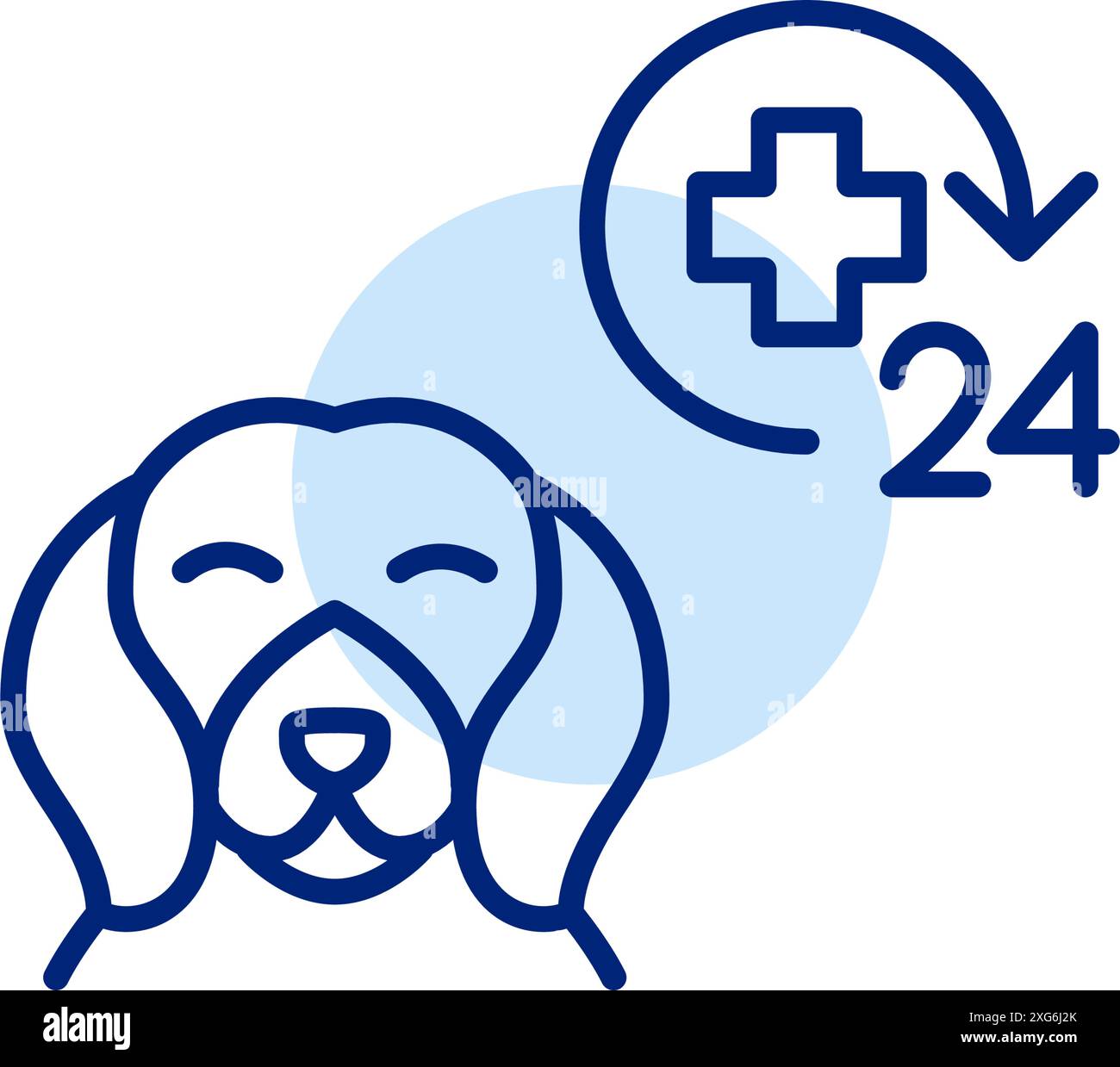 Silhouette del cane, simbolo sanitario 24 ore su 24, assistenza medica continua e supporto per gli animali. Clinica veterinaria. Icona del vettore pixel Perfect Illustrazione Vettoriale