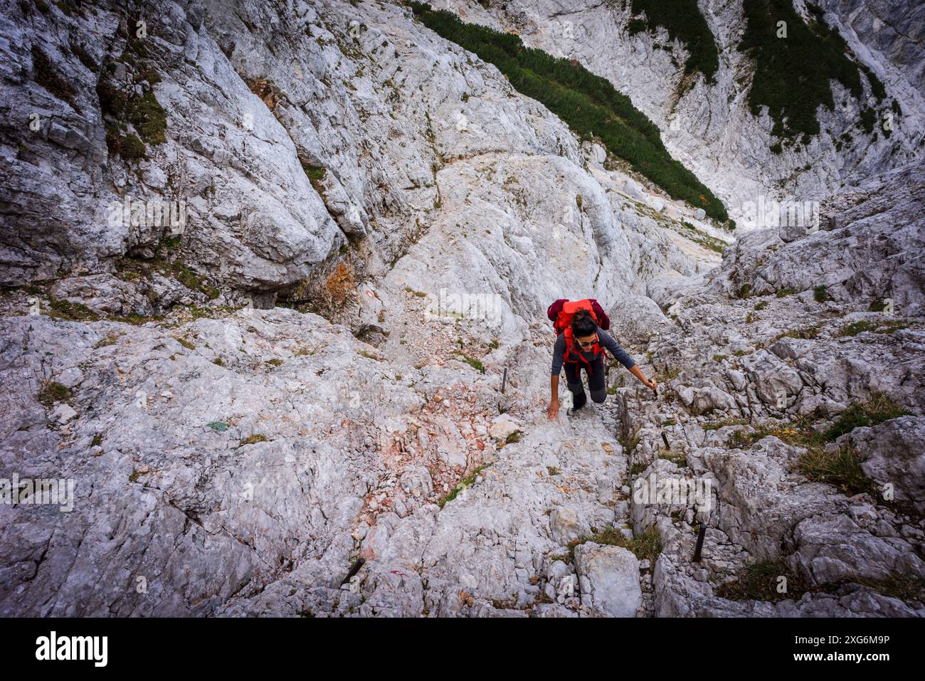 Salita a Kamnisko Sedlo, percorso attrezzato, alpi, Slovenia, Europa centrale,. Foto Stock