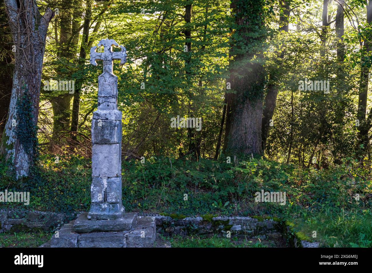 Croce dei pellegrini all'uscita di Roncesvalles, XIV secolo, strada di Santiago, Navarra, Spagna. Foto Stock
