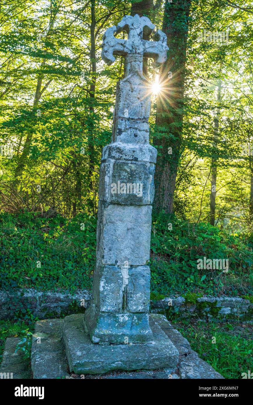 Croce dei pellegrini all'uscita di Roncesvalles, XIV secolo, strada di Santiago, Navarra, Spagna. Foto Stock