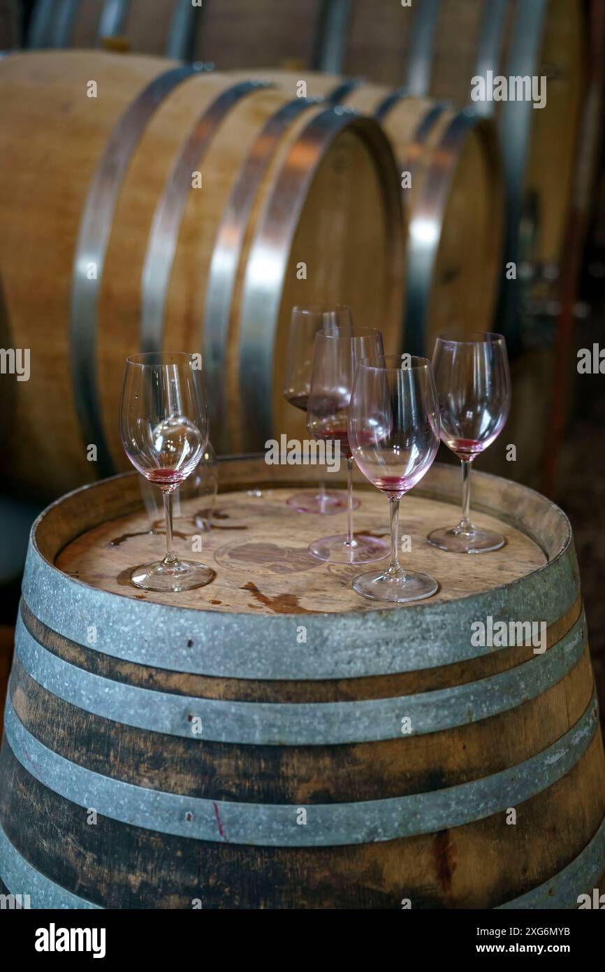 Bicchieri da degustazione con resti di vino rosso posti su una botte di legno in una cantina piena di grandi botti di vino di rovere Foto Stock