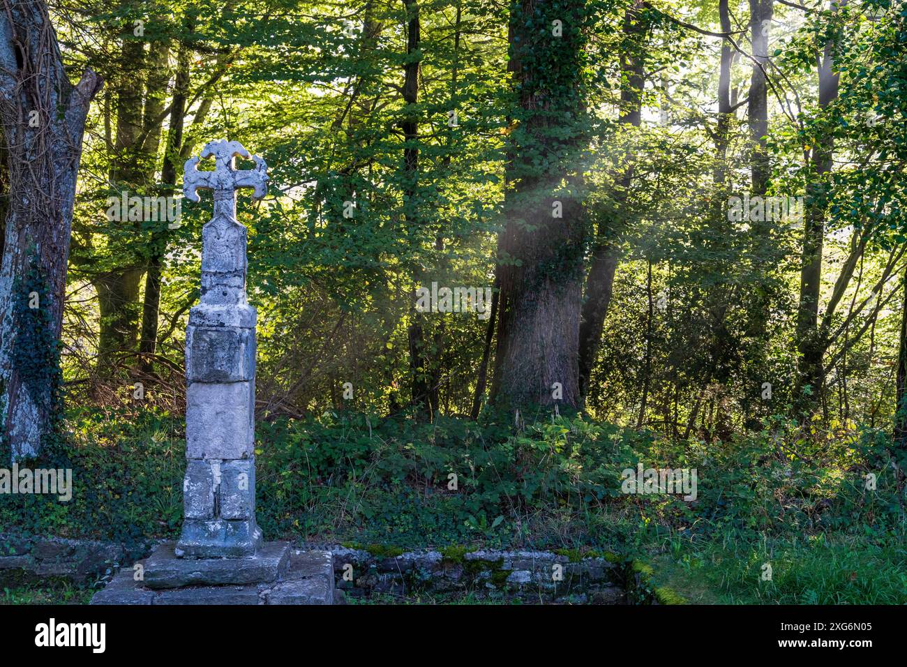 Croce dei pellegrini all'uscita di Roncesvalles, XIV secolo, strada di Santiago, Navarra, Spagna. Foto Stock