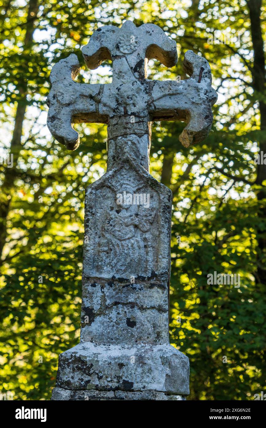 Croce dei pellegrini all'uscita di Roncesvalles, XIV secolo, strada di Santiago, Navarra, Spagna. Foto Stock