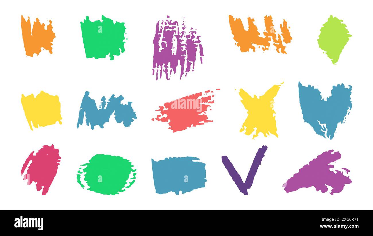 Scarabocchi con la consistenza del gesso di cera. Imposta elementi che imitano il disegno figlio. Tratti colorati: Viola, giallo, rosso, blu. Scarabocchi forme astratte. Illustrazione vettoriale. Illustrazione Vettoriale