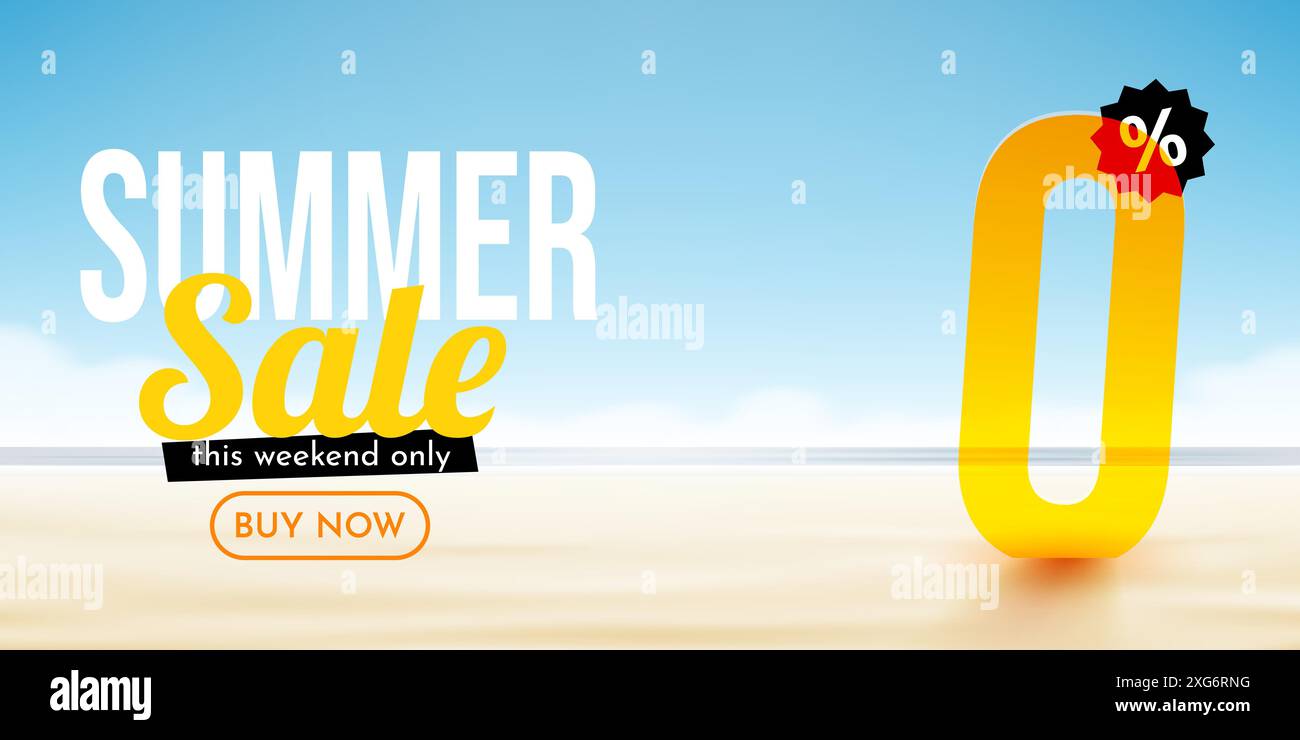 commissione 0 percento. Sconto sulla composizione estiva. Spiaggia sull'oceano. Banner e poster di vendita. Illustrazione vettoriale. Illustrazione Vettoriale