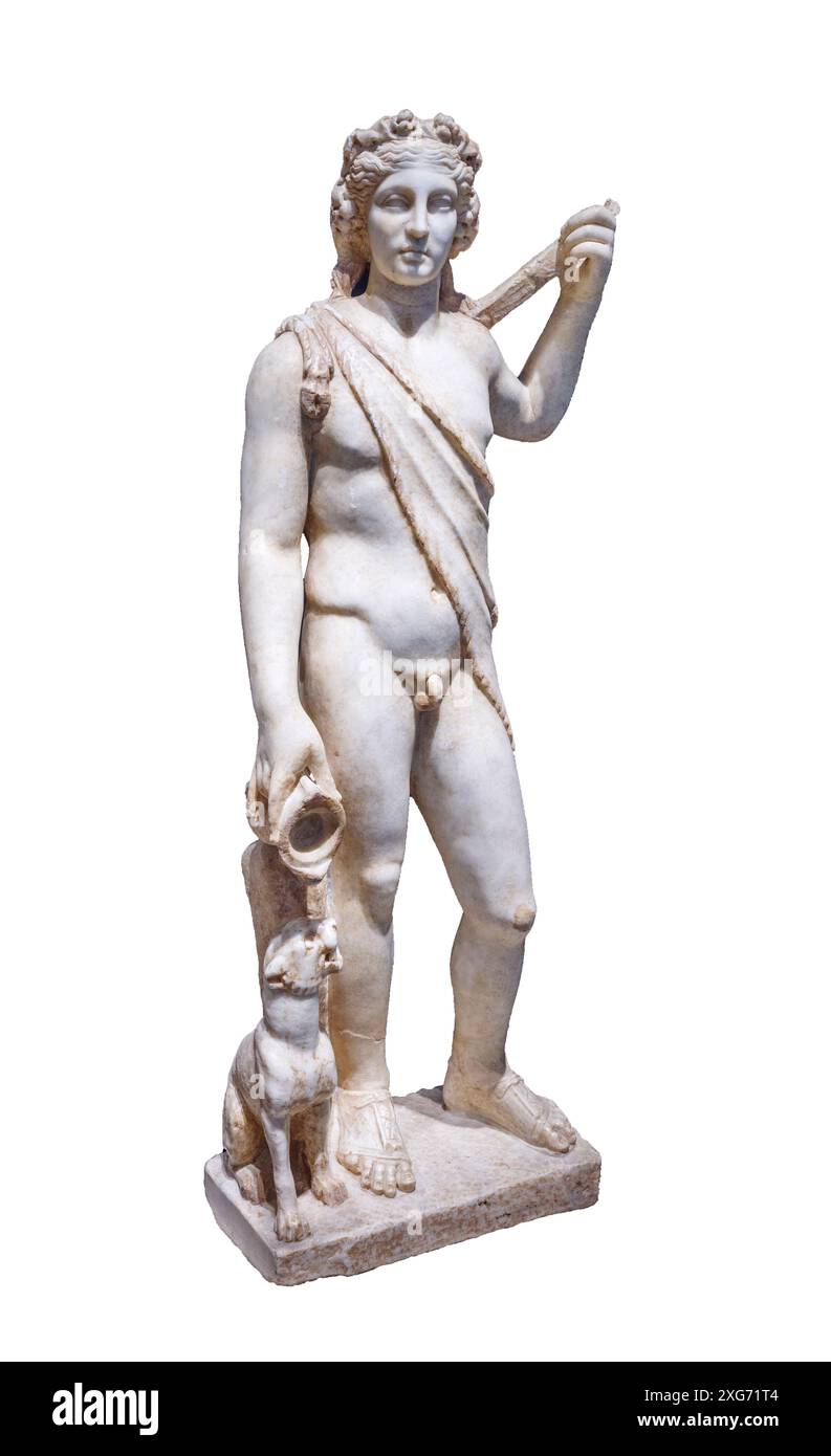 Una statua romana del dio greco Dioniso, noto anche come Bacco. Marmo. 2° cen, ad. Da Aldaya, Valencia, Spagna. Foto Stock