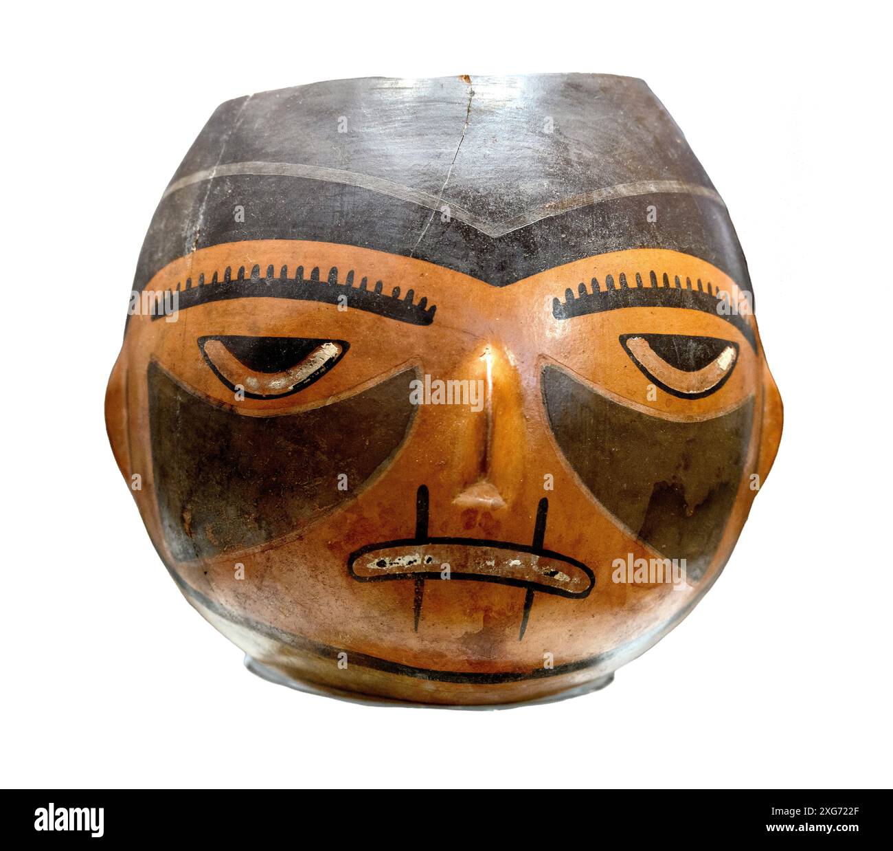 Vaso in forma di testa di trofeo, proveniente dalla cultura di Nazca in Perù, 100 - 700 d.C. Foto Stock