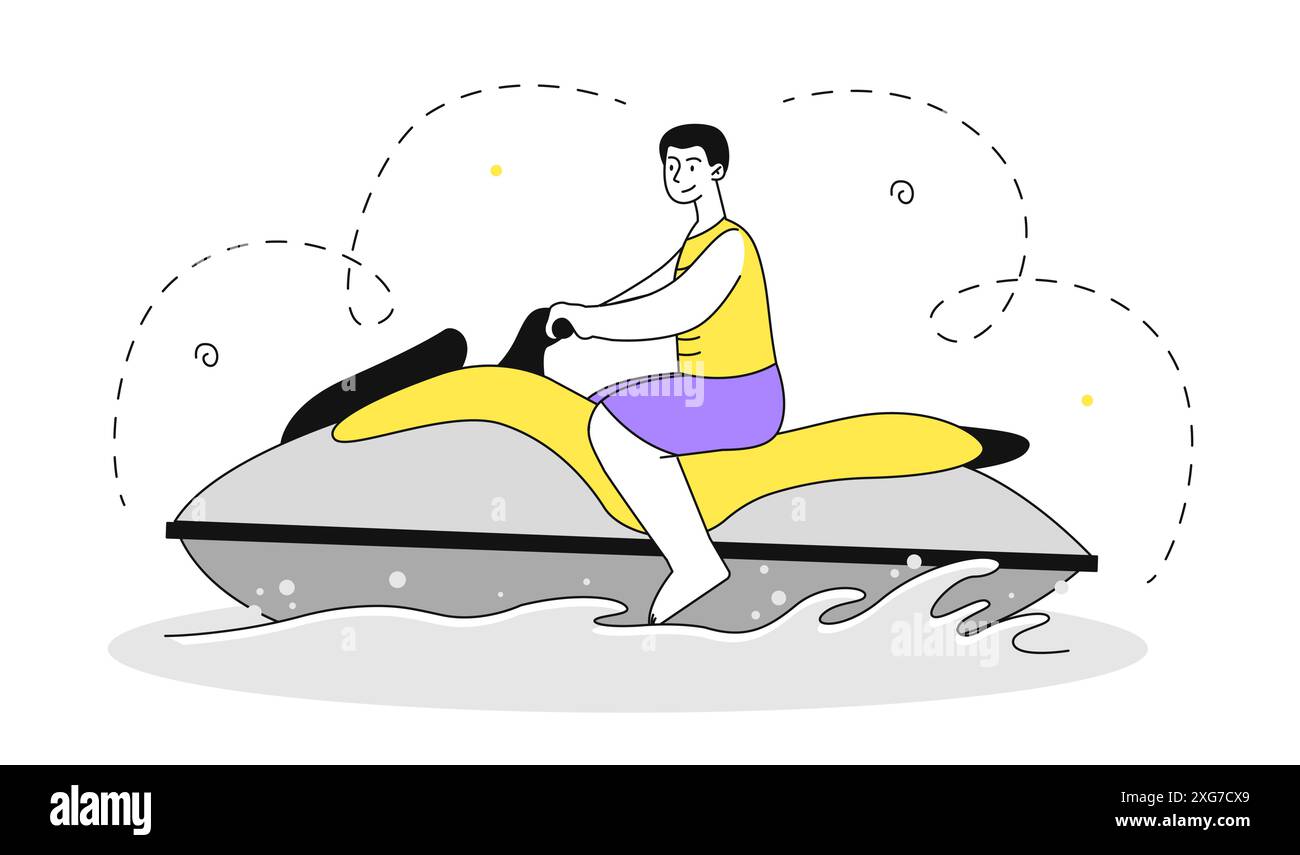Uomo con scooter ad acqua. Giovane ragazzo sul trasporto per via d'acqua. Turisti in un paese tropicale ed esotico. Stile di vita attivo e sport estremi. Vettore lineare Illustrazione Vettoriale