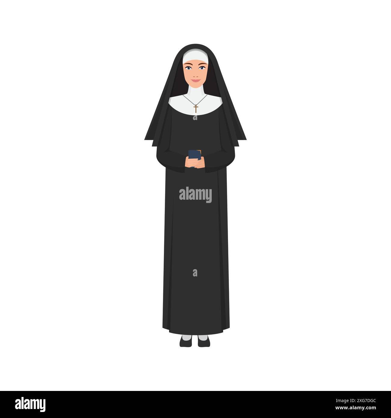 Suora in piedi con il libro della Bibbia e sorridente, donna in bianco e nero costume vettoriale illustrazione Illustrazione Vettoriale
