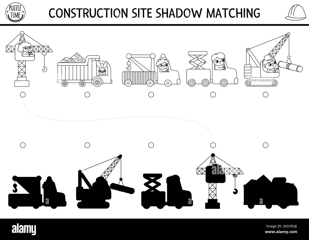 Le ombre bianche e nere del cantiere si abbinano all'attività di trasporto speciale, veicoli. Puzzle o pagina da colorare per lavori di costruzione. Trovare il silh corretto Illustrazione Vettoriale