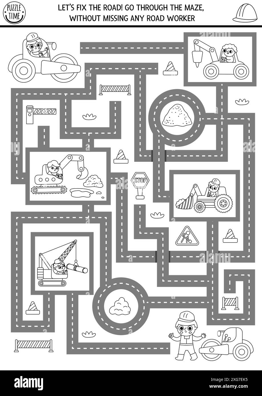 Labirinto geometrico bianco e nero da cantiere per bambini con concetto di riparazione stradale, lavoratori, auto. Attività stampabile di lavori in linea di costruzione in età prescolare, Illustrazione Vettoriale