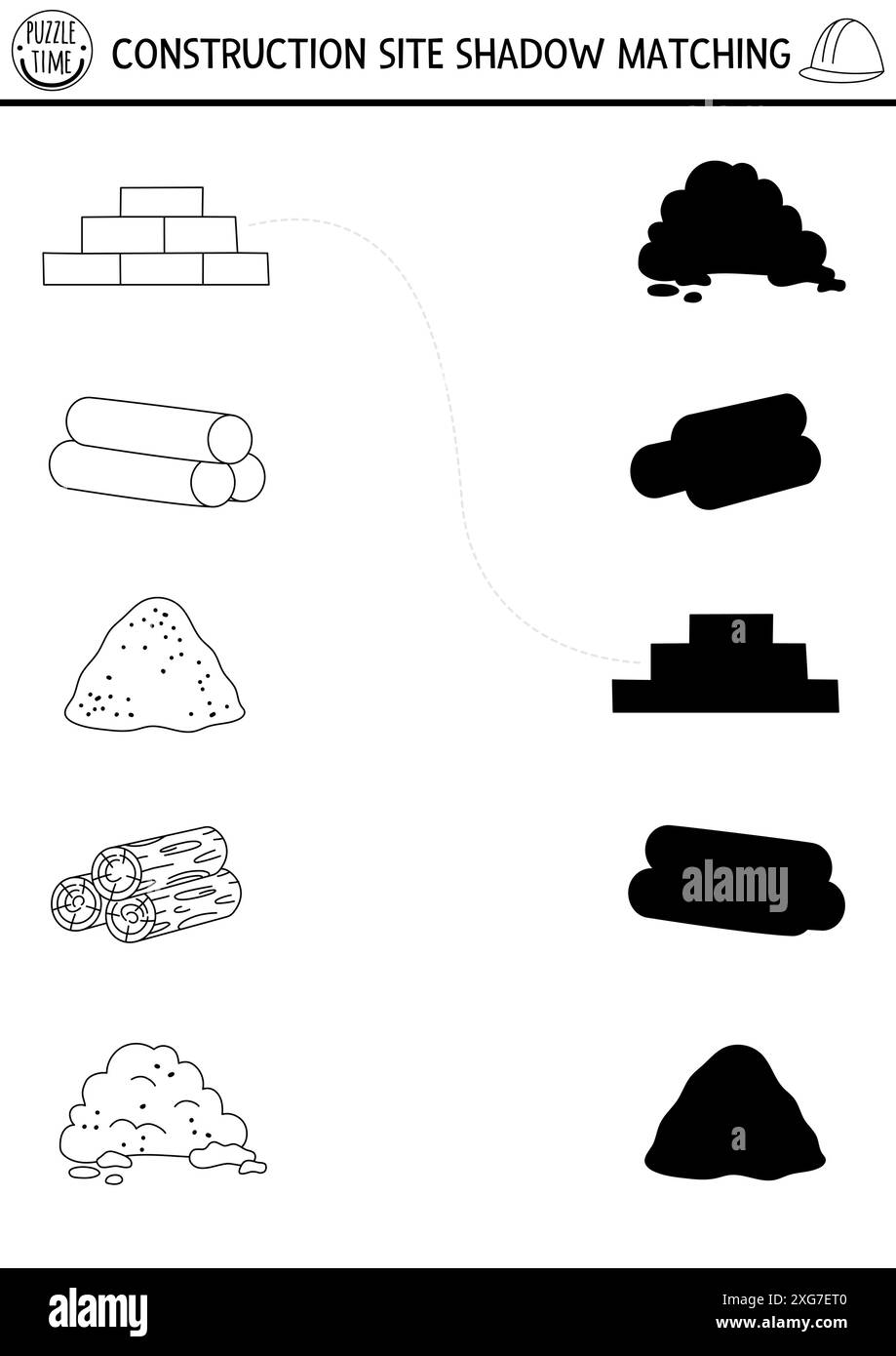 Le ombre bianche e nere dei cantieri edili corrispondono all'attività con materiali diversi. Puzzle di opere edili, pagina da colorare con mattoni, legno, tubi. Aletta Illustrazione Vettoriale