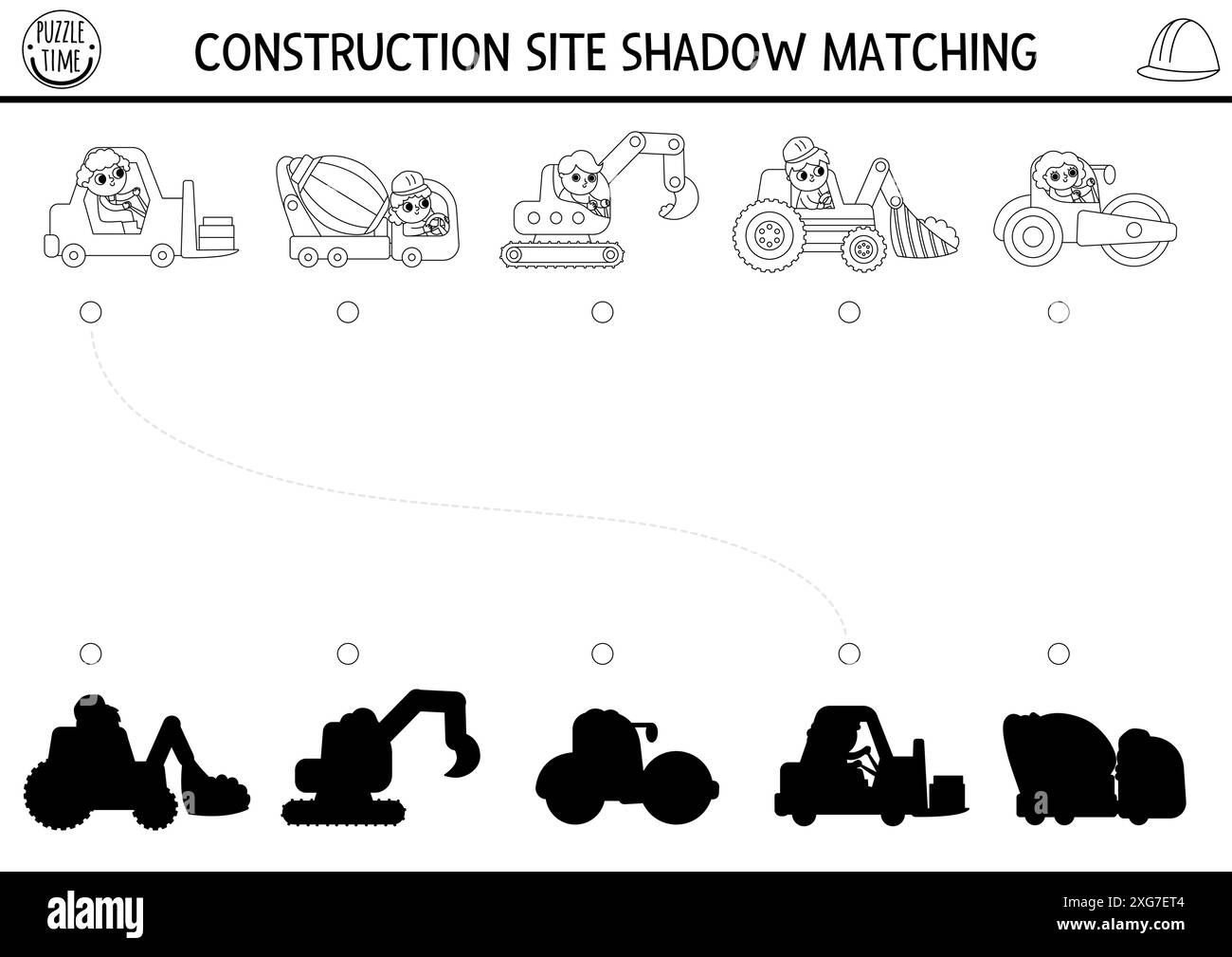 Le ombre bianche e nere del cantiere si abbinano all'attività di trasporto speciale, veicoli. Puzzle o pagina da colorare per lavori di costruzione. Trovare il silh corretto Illustrazione Vettoriale