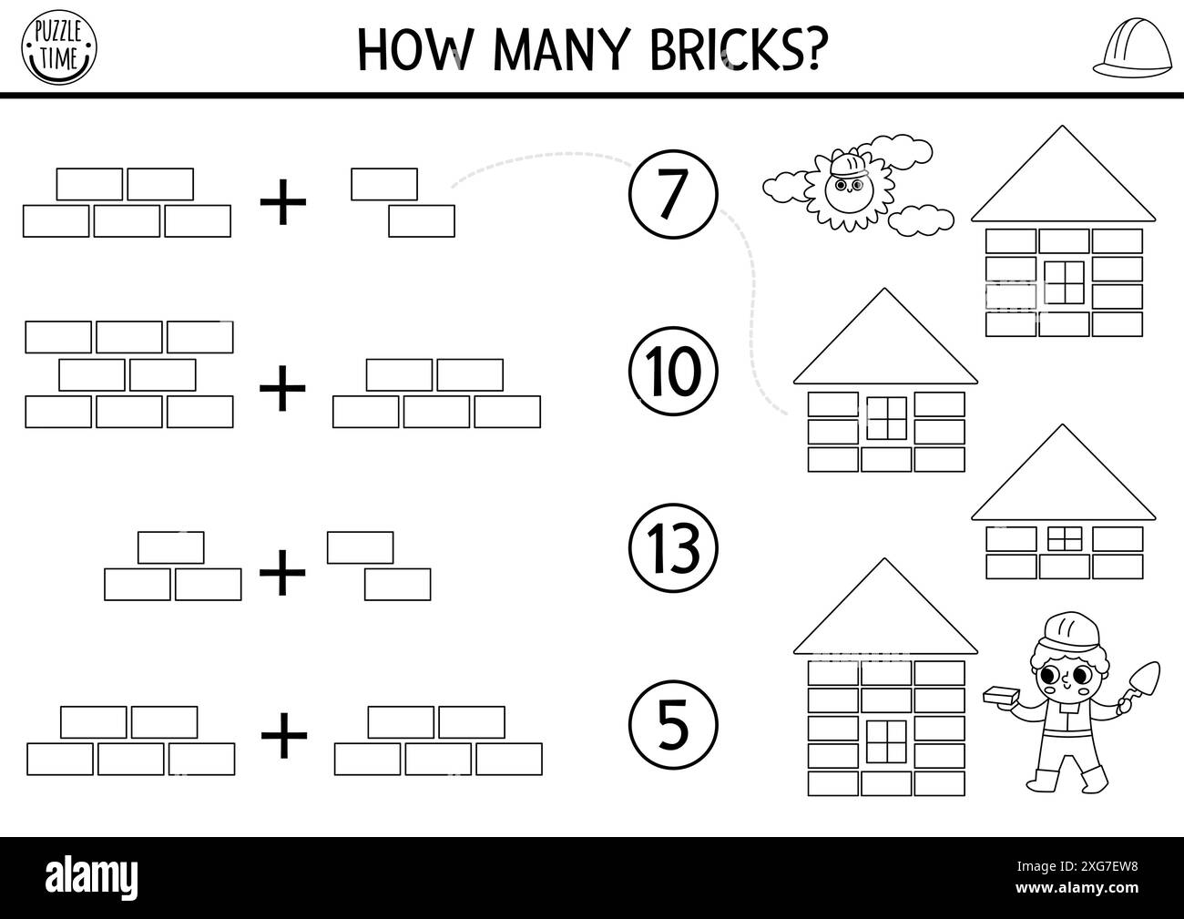Abbina i numeri in bianco e nero del gioco del cantiere a costruttori ed edifici. Attività matematica per bambini con lavoratore. Lavoratore di conteggio educativo Illustrazione Vettoriale