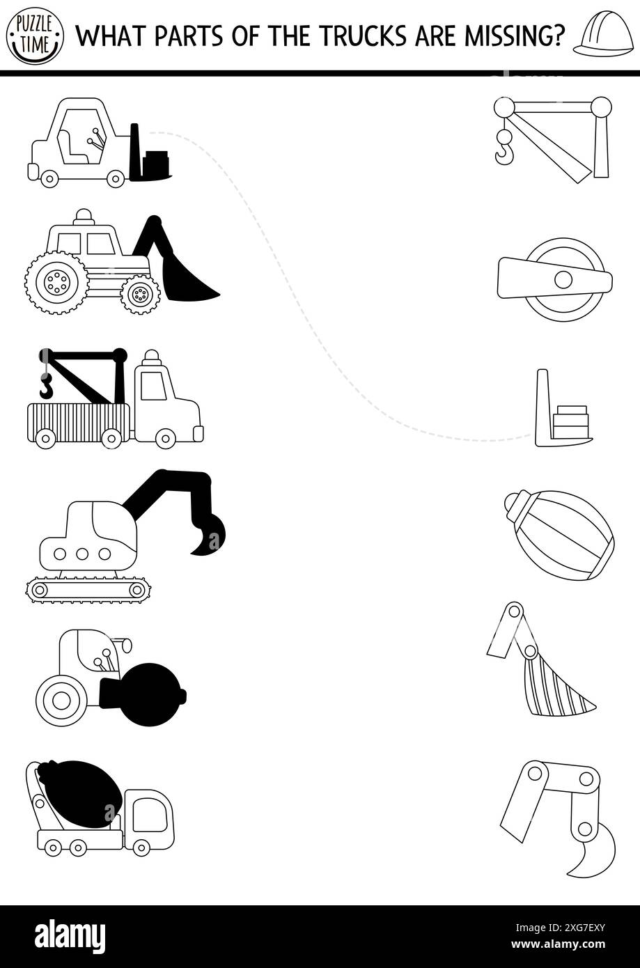 Attività di corrispondenza delle ombre in bianco e nero del cantiere con camion, bulldozer, escavatore e parti mancanti. Gioco di silhouette abbinato, allenamento stampabile Illustrazione Vettoriale