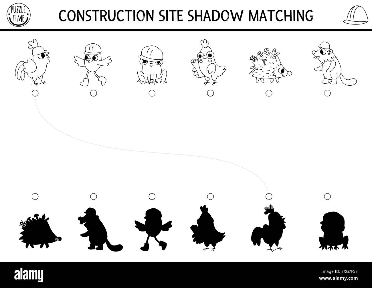 L'ombra bianca e nera del cantiere corrisponde all'attività degli animaletti nei cappelli rigidi. Puzzle o pagina da colorare per lavori di costruzione. Trovare il silh corretto Illustrazione Vettoriale