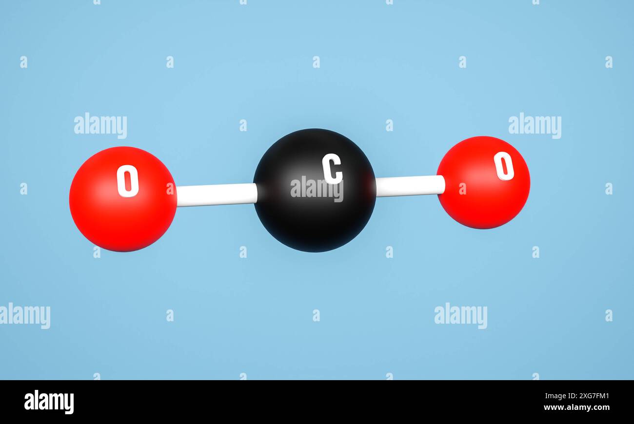 Modello di anidride carbonica, legame chimico. Molecola di anidride carbonica CO2 come modello, legame chimico. Composto di carbonio e ossigeno. Illustrazione 3D img science001s0 Foto Stock