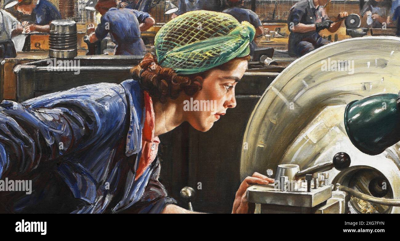 Un giovane operaio in tuta blu viene mostrato al lavoro su un tornio industriale, tagliando e girando il componente ad anello di un cannone antiaereo Bofors. Altri operai sono visibili in background. Ruby Loftus Screwing a Breech-ring (1943) Laura Knight Foto Stock