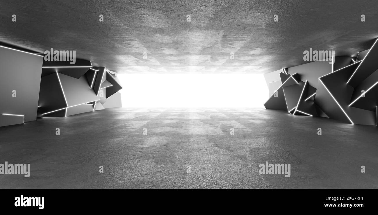 Tunnel geometrico astratto con luci al neon bianche in uno spazio in cemento illustrazione di rendering 3d. Foto Stock