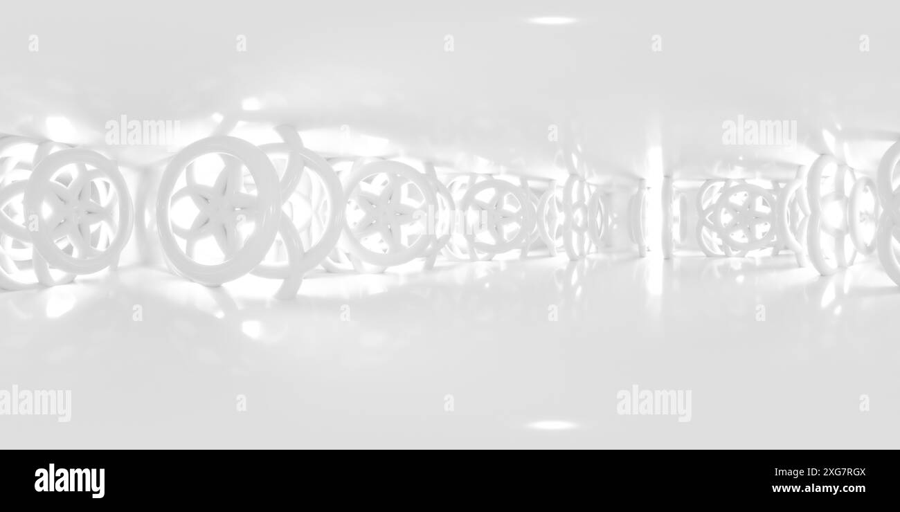360 panoramica di un tunnel geometrico bianco con dettagli ornamentali circolari mappa dell'ambiente vr Foto Stock