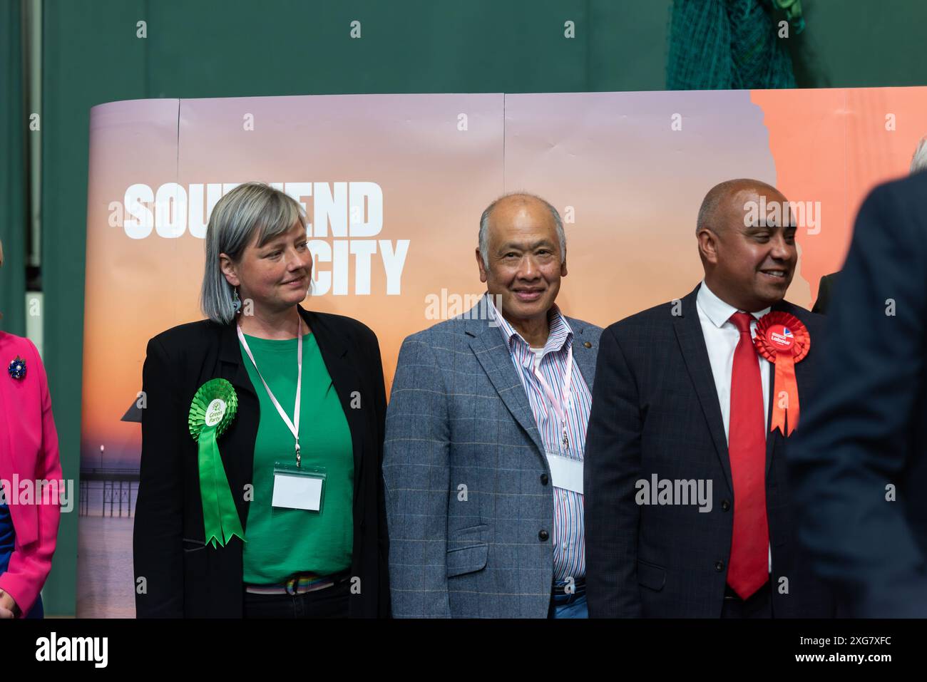 Candidati Tilly Hogrebe, Tom Darwood e David Burton-Sampson, 2024 risultati elettorali del Parlamento britannico a Southend on Sea, Essex, Regno Unito. Risultati Foto Stock