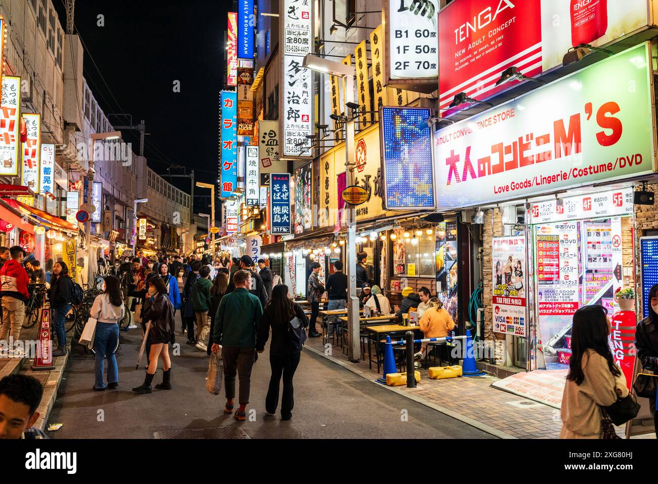 Vista serale lungo i negozi e i ristoranti luminosi che passano sotto i binari ferroviari nel popolare quartiere dello shopping Ueno Ameyoko a Tokyo Foto Stock