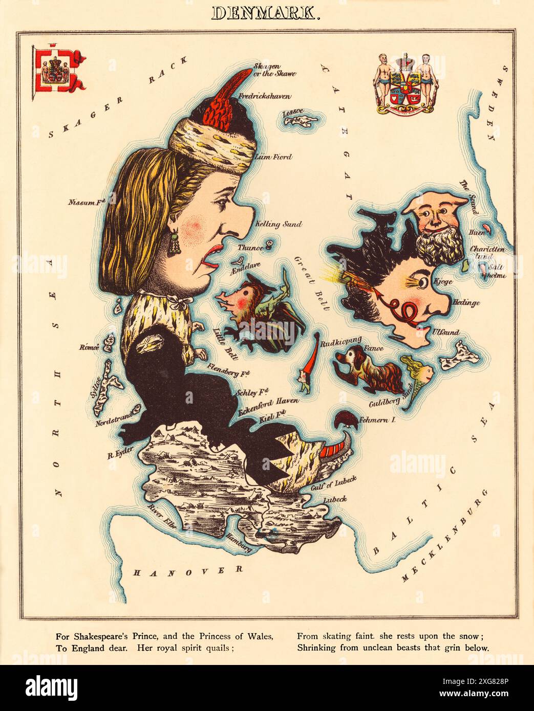 Una mappa cartoni animati della Danimarca della seconda metà del XIX secolo con la Principessa e la Principessa del Galles, con riferimento all'Amleto di Shakespeare. Disegnato e dipinto da Elizabeth Lilian Lancaster, (1852-1939), un'artista amatoriale che ha creato una serie di mappe umoristiche dei paesi europei. Foto Stock