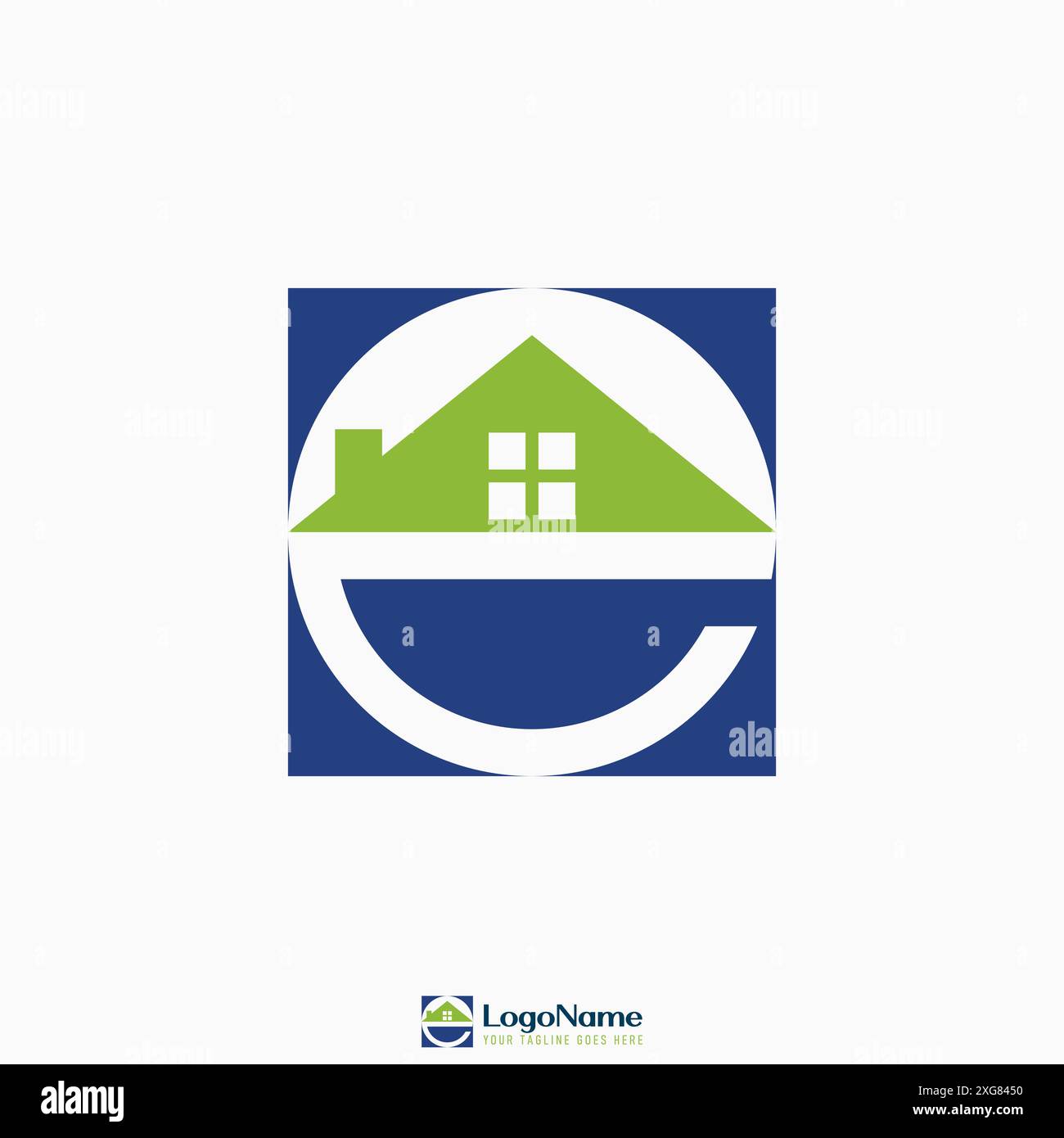 Design del logo concept grafico astratto materiale vettoriale premium iniziale e font spazio negativo finestra della casa sul tetto relativa alla tipografia proprietà della casa Illustrazione Vettoriale