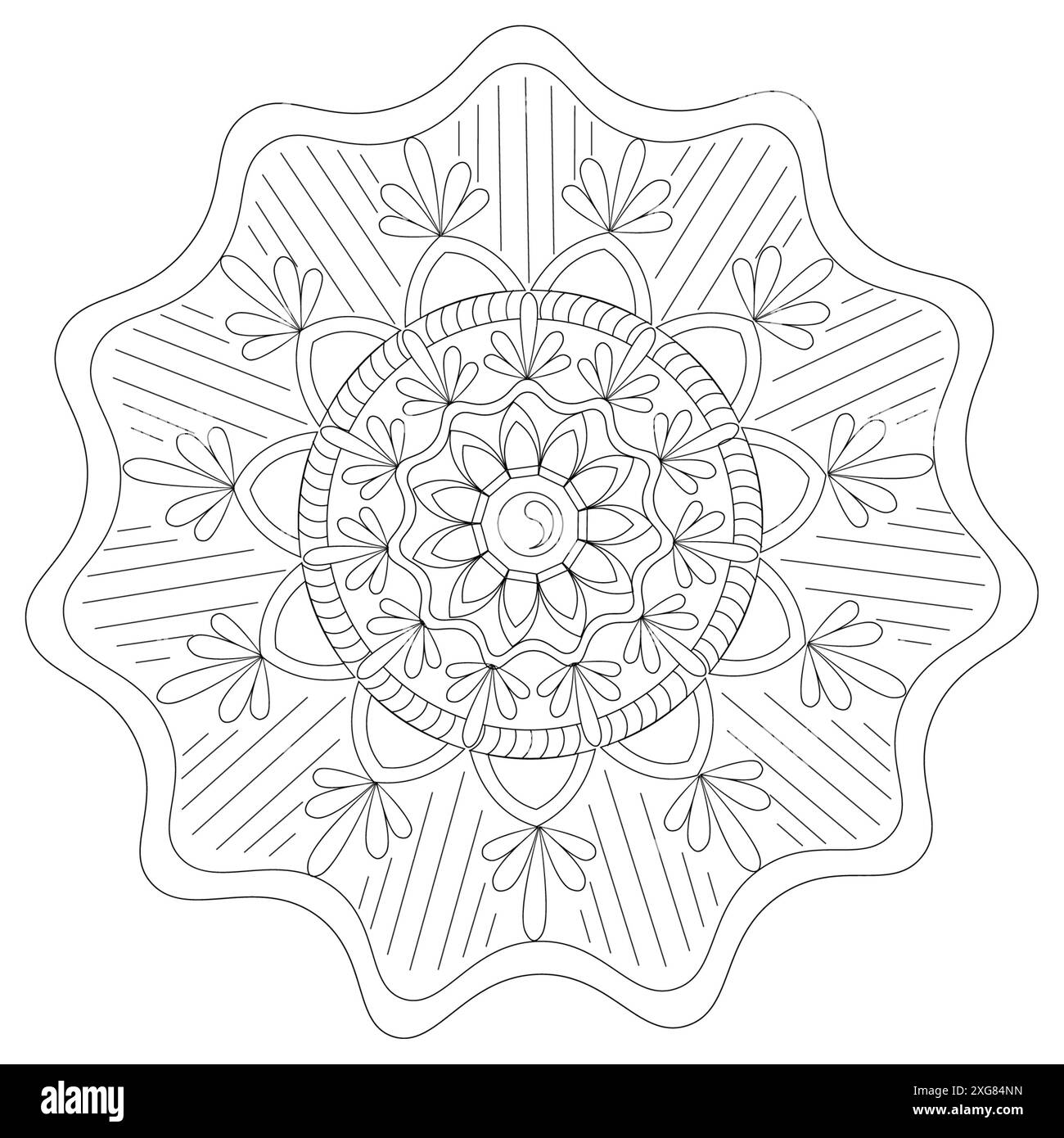 Immagine nera di un disegno circolare su sfondo bianco. Mandala nero su sfondo bianco vettoriale. Mandala laconico con un cartello yin-yang nel cente Foto Stock