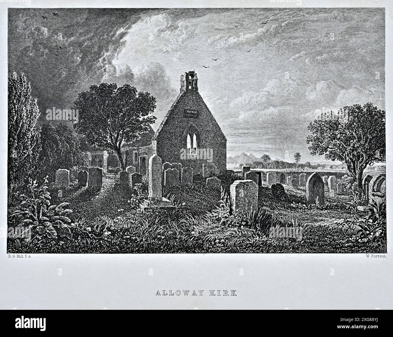 Alloway Kirk, Ayrshire, Scozia, incisione vintage del 1860. Il padre di Robert Burns, William Burnes, è sepolto nel cimitero Foto Stock