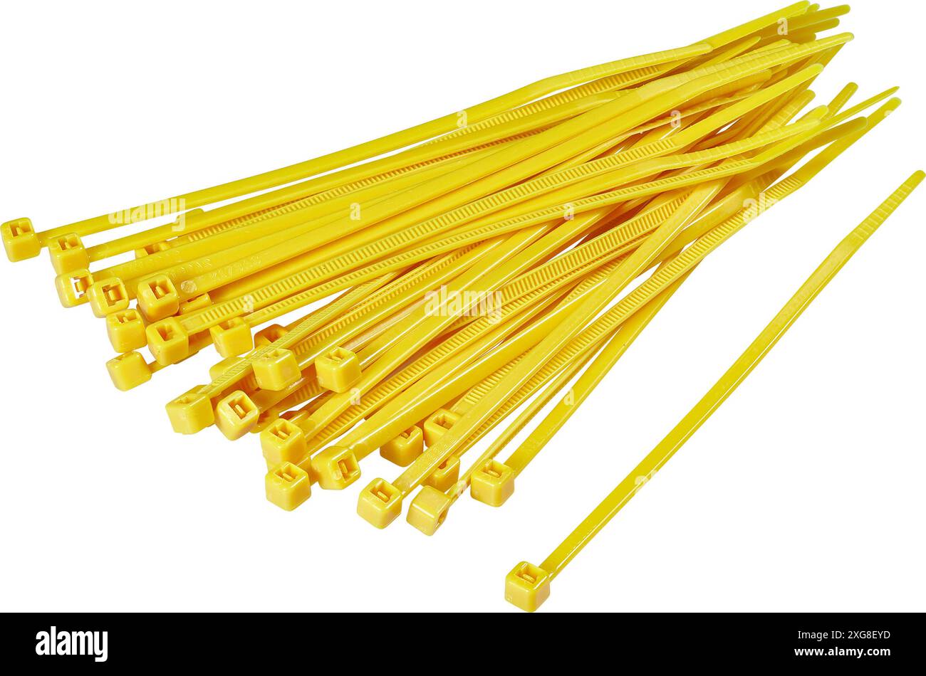 fascette per cavi gialle autobloccanti isolate su bianco Foto Stock