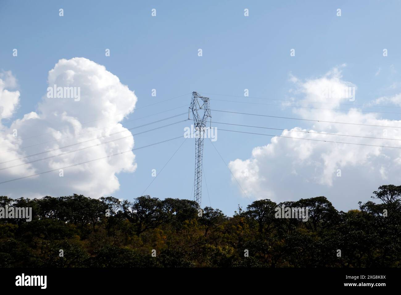 Torretta di trasmissione dell'energia elettrica e cavi di alimentazione elettrica Foto Stock