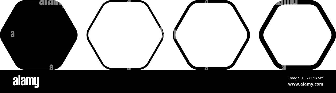 Set di figure geometriche con 6 angoli arrotondati. Forme esagonali o a nido d'ape e telai isolati su sfondo bianco. Illustrazione grafica vettoriale. Illustrazione Vettoriale