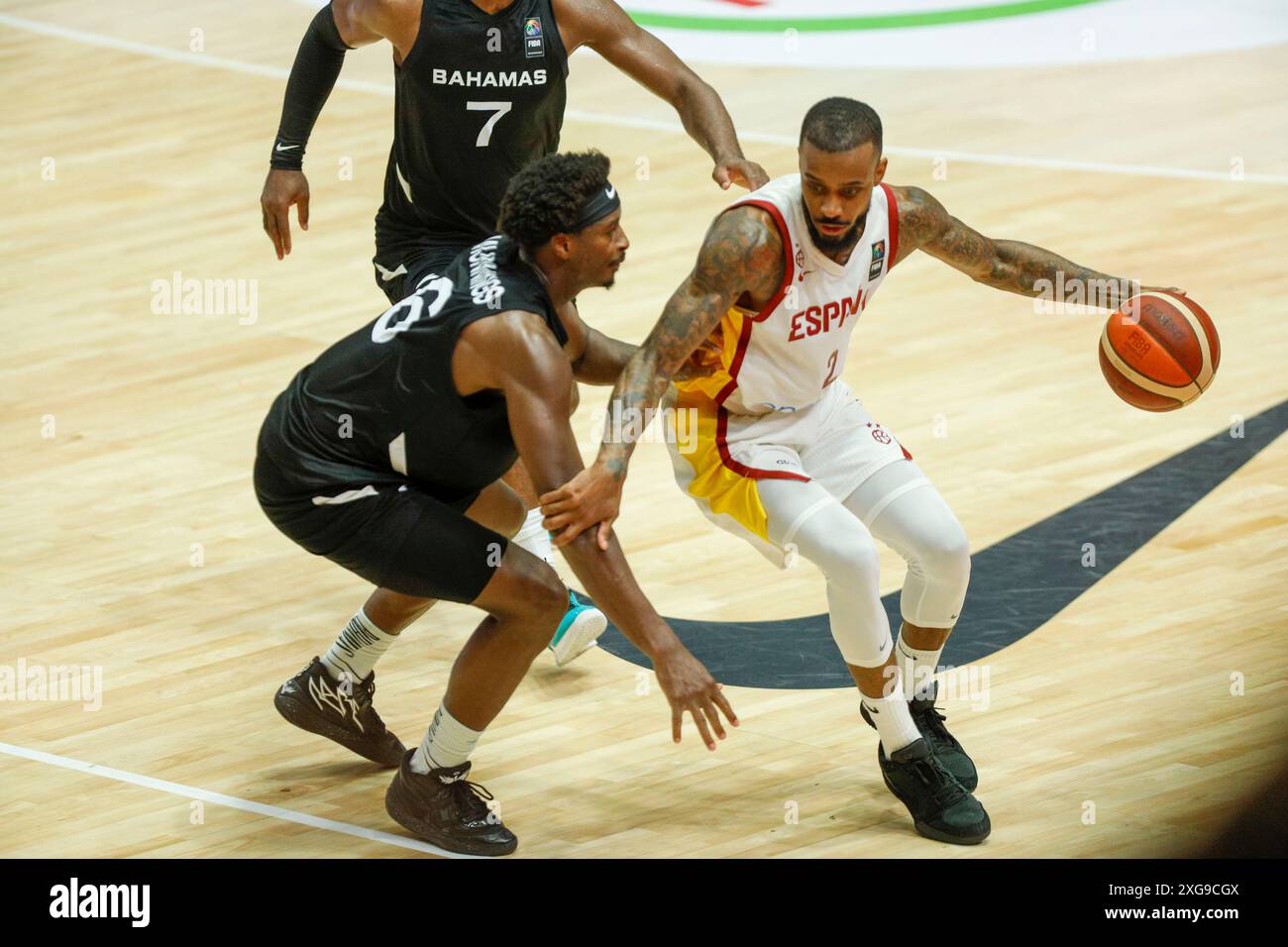 Lorenzo Brown della nazionale spagnola di basket durante le finali del torneo di qualificazione olimpica tra Spagna e Bahmas a Valencia Foto Stock