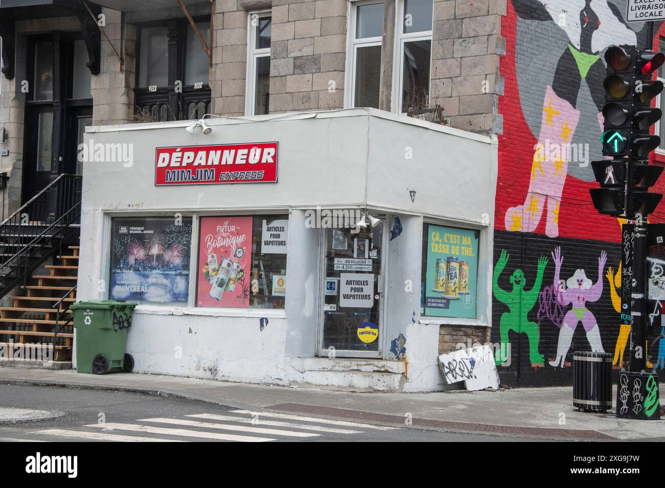 Murale di mostro verde su Nim Jim Depanneur su Pines Avenue East nel centro di Montreal, Quebec, Canada Foto Stock