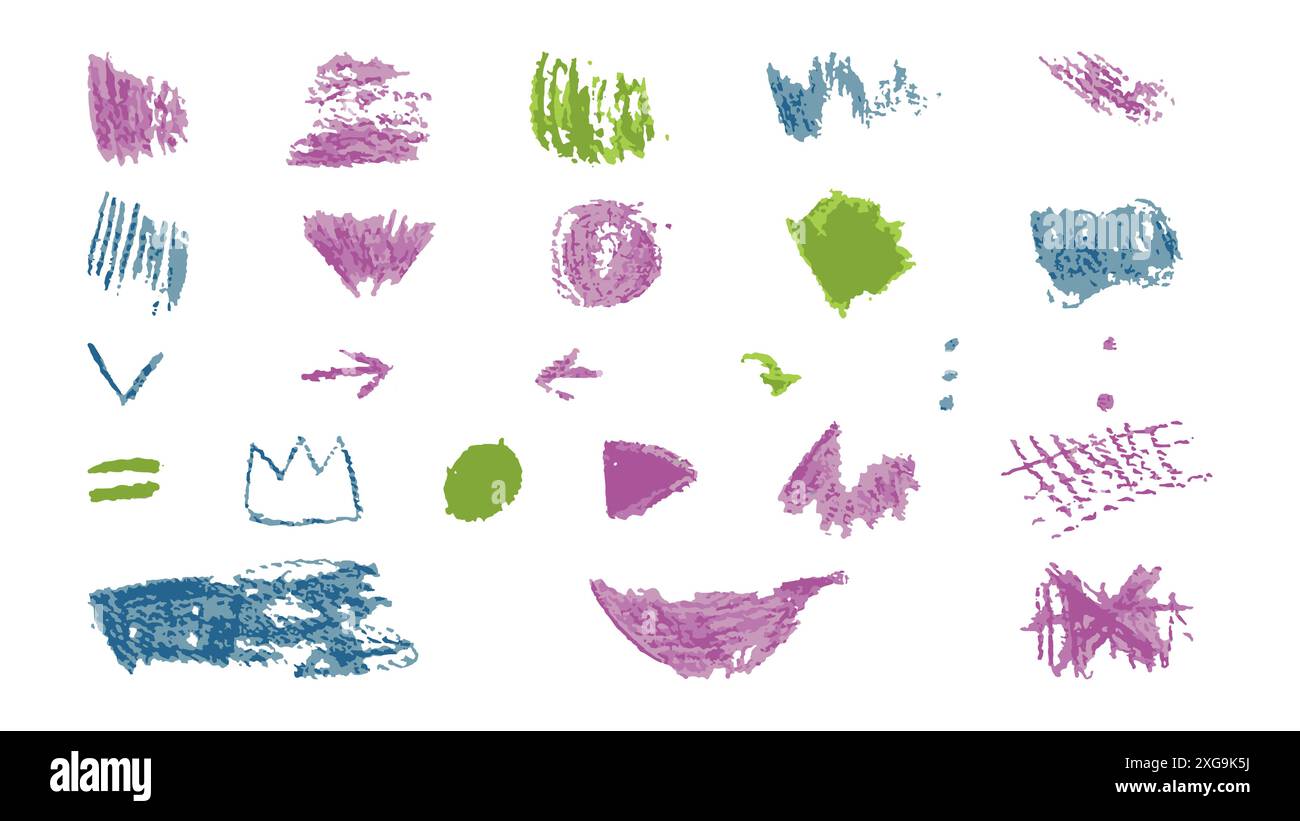 Scarabocchi con la consistenza del gesso di cera. Imposta elementi che imitano il disegno figlio. Scarabocchi forme astratte. Illustrazione vettoriale. Illustrazione Vettoriale