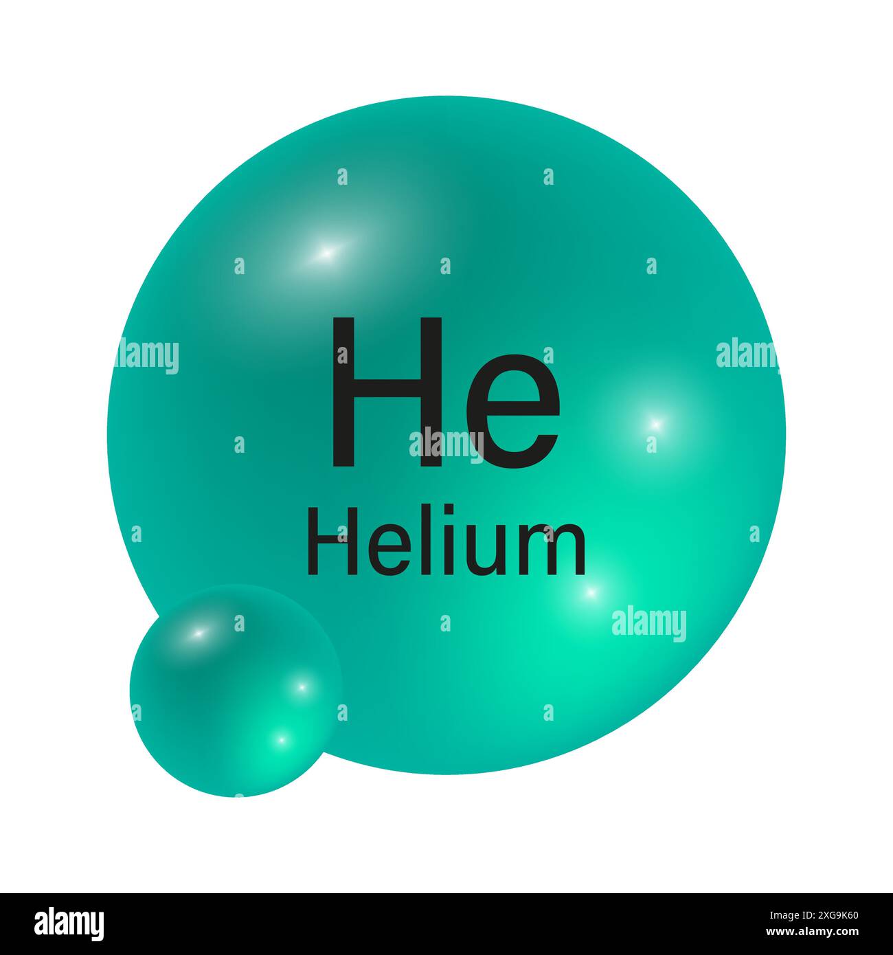 Simbolo elemento elio. Sfera gradiente verde. Vettore icona chimica. Dettaglio tavola periodica. Illustrazione Vettoriale